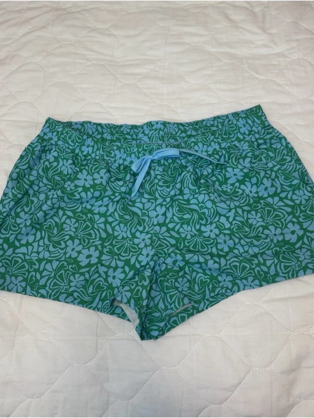 Wild Fable Women’s Large Green Floral Print Swim Shorts with Blue Drawstring